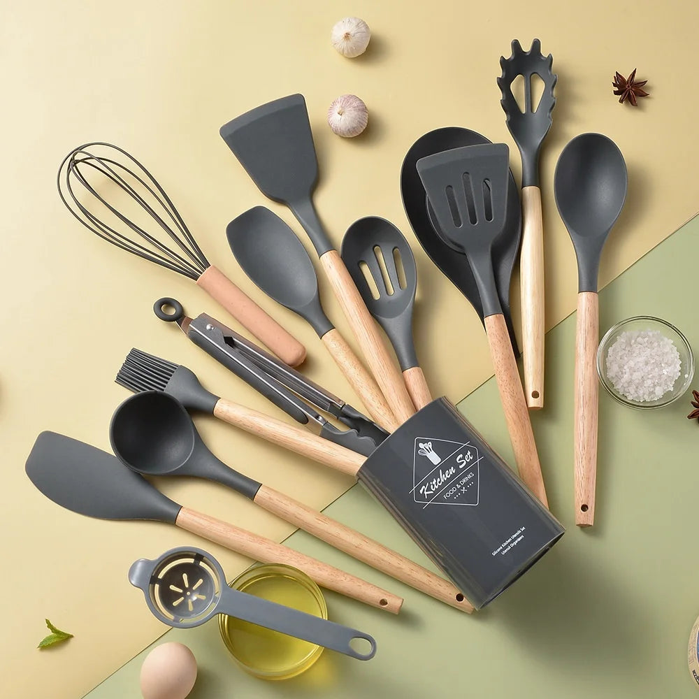 12pcs/set Silicone Kitchen Cookware Utensils Food Grade Turner Spatula Measuring Spoon Practical Kitchenware Set Cooking Tools