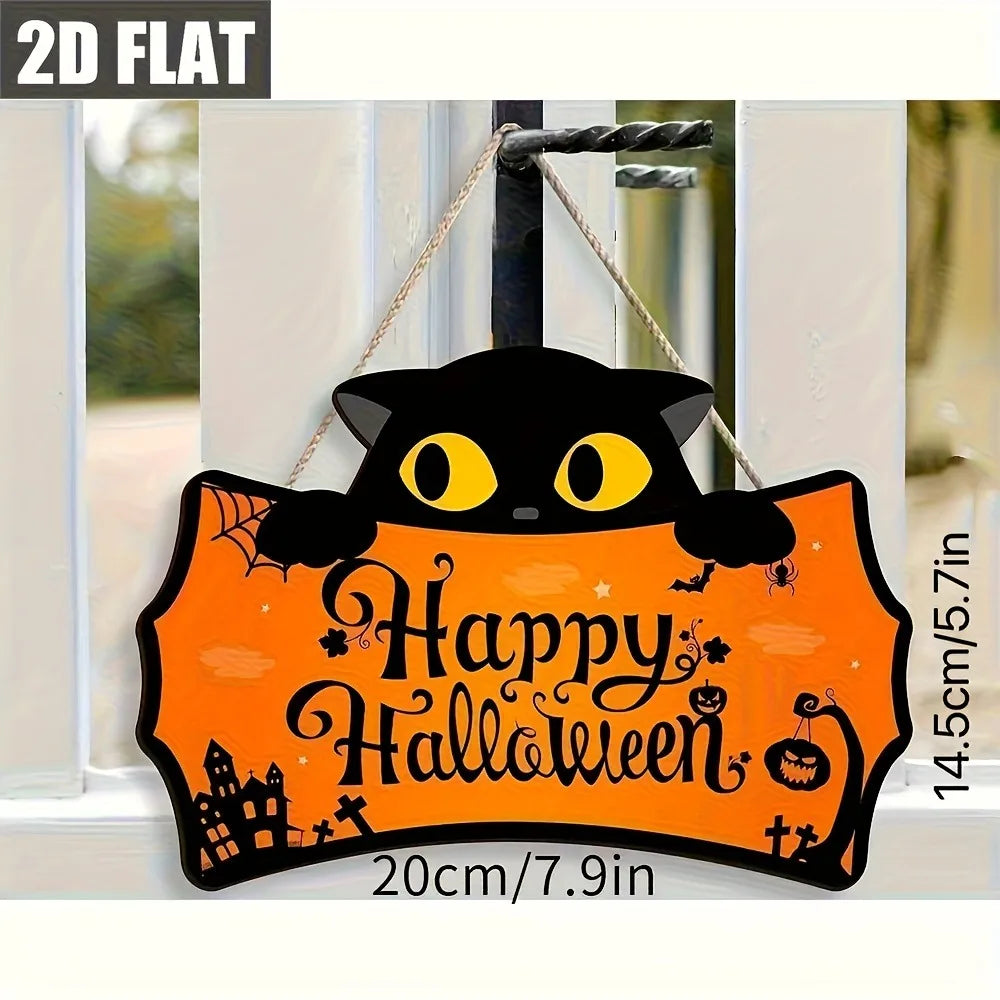 Black Cat Shaped Happy Halloween Wooden Hanging Sign  Front Door Plaque for Halloween Porch Decor