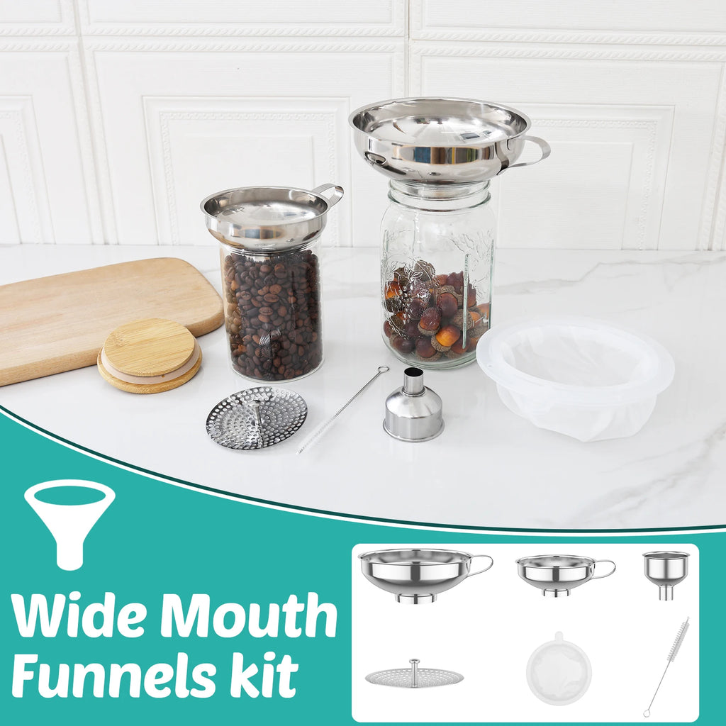 3/6 Pcs Stainless Steel Wide Mouth Funnel with Strainer and Handle