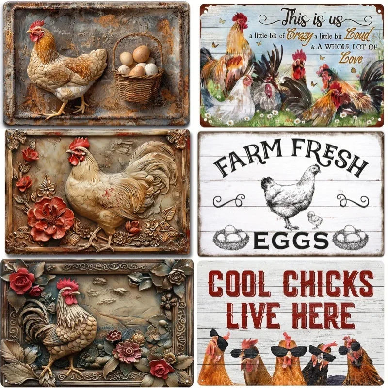 Charming Farm Chickens Vintage Metal Aluminum Signs  Colorful Visual Effect