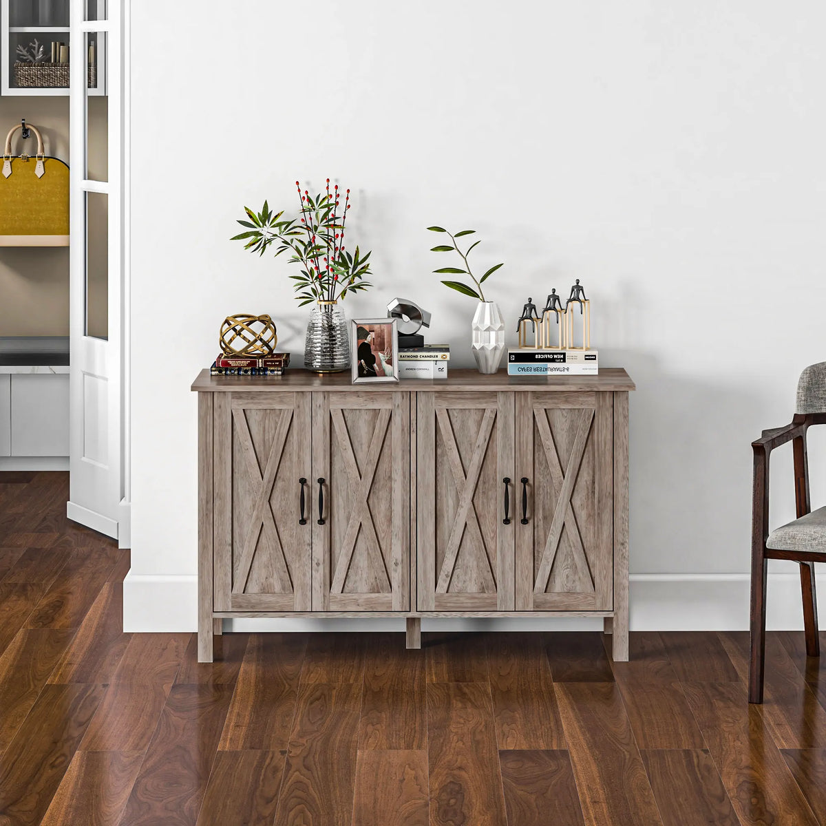 Buffet Cabinet, 47" Sideboard with 4 Barn Doors and 2 Adjustable Shelves