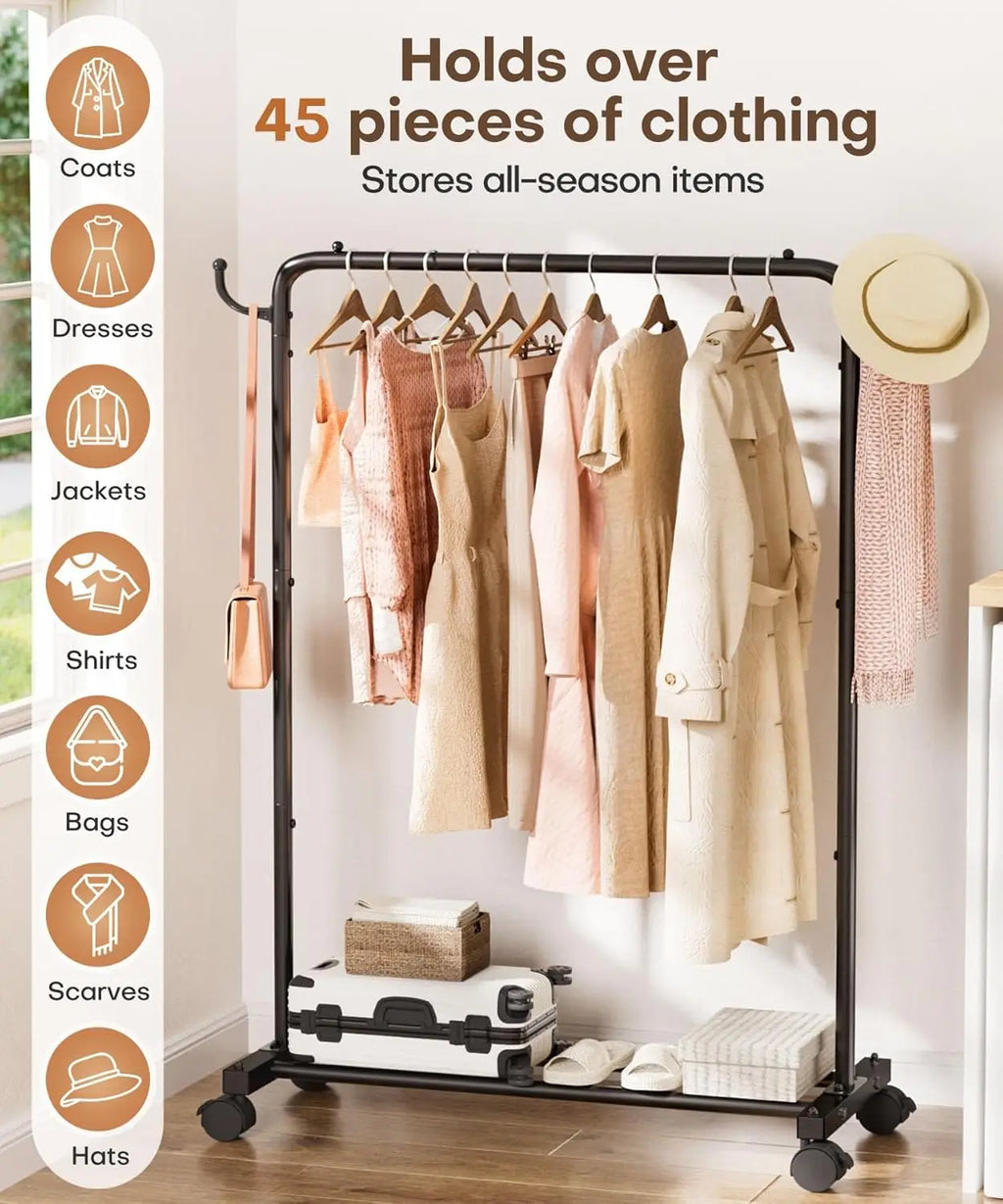 Portable Rolling Clothes Rack with Hooks: Garment Storage for Bedroom, Laundry Room