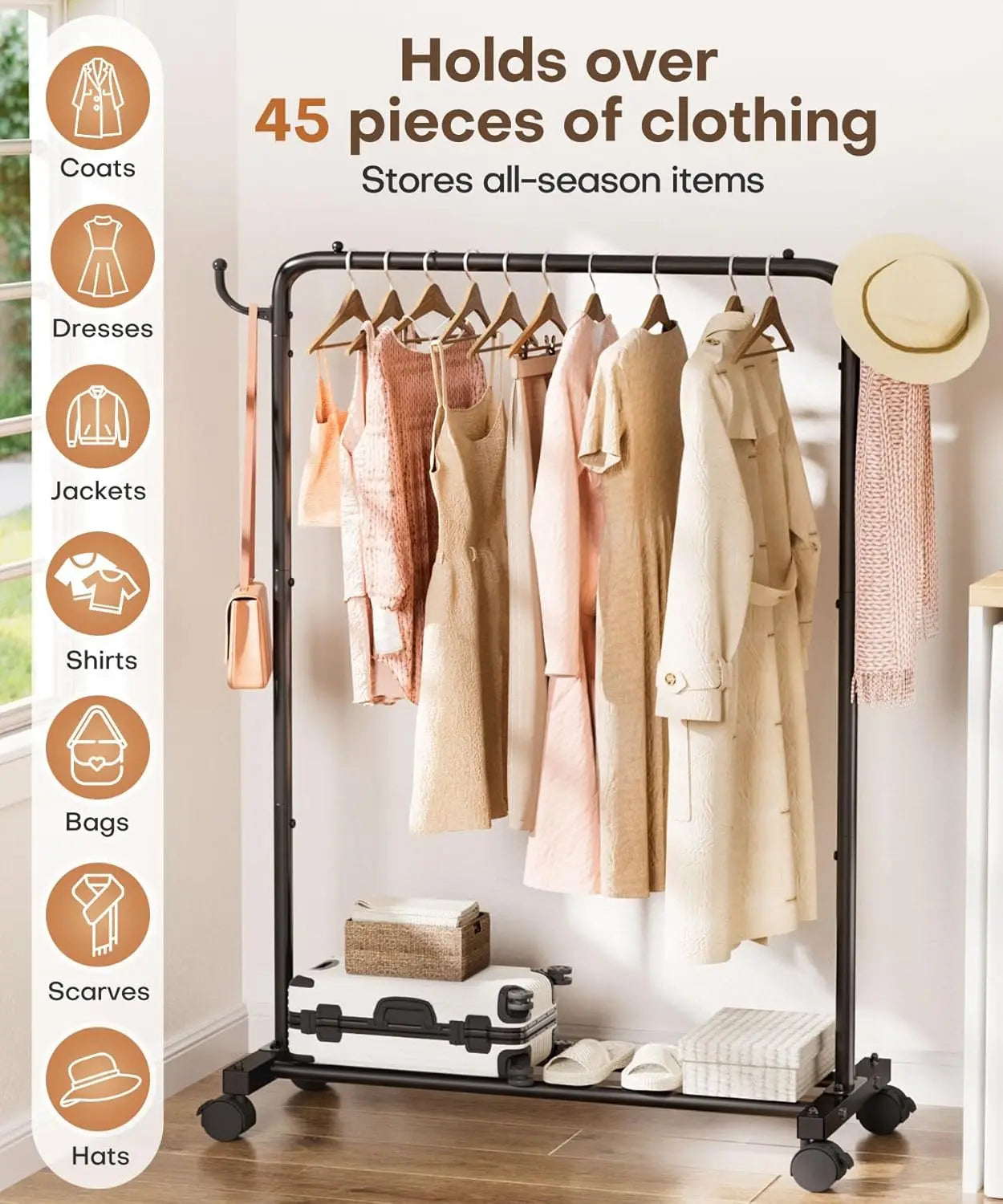 Portable Rolling Clothes Rack with Hooks: Garment Storage for Bedroom, Laundry Room
