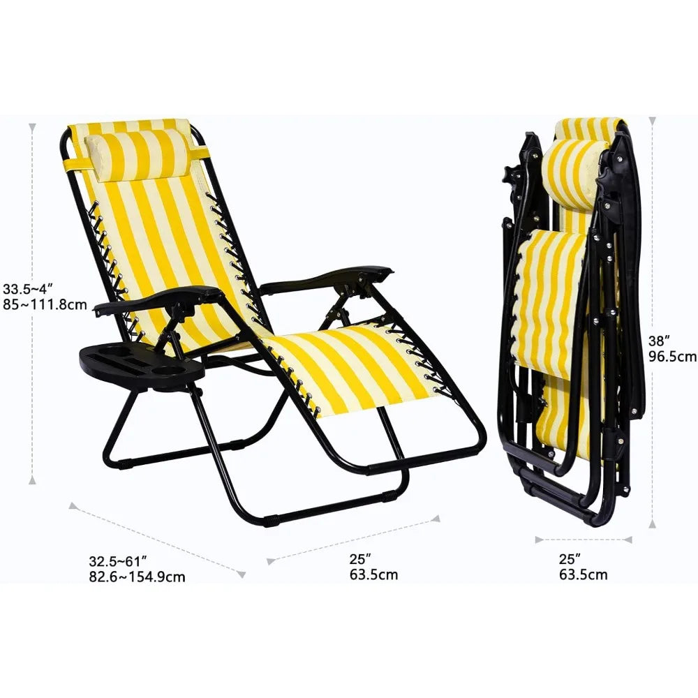 Set of 2 Adjustable Zero Gravity Lounge Recliner Patio Chairs with  Mesh Pillow Cup Holder Yellow