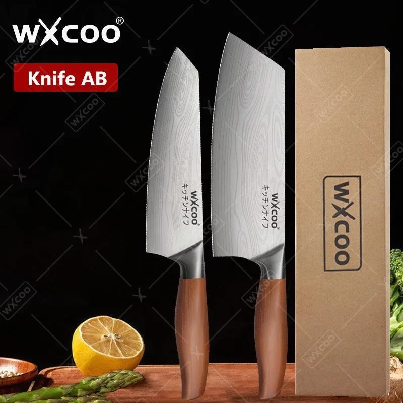 WXCOO Stainless Steel Chef Knife Laser Damascus Pattern Slicing Scissors Cleaver Fruit Knife Holder Household Kitchen Knife