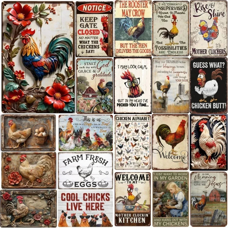 Charming Farm Chickens Vintage Metal Aluminum Signs  Colorful Visual Effect