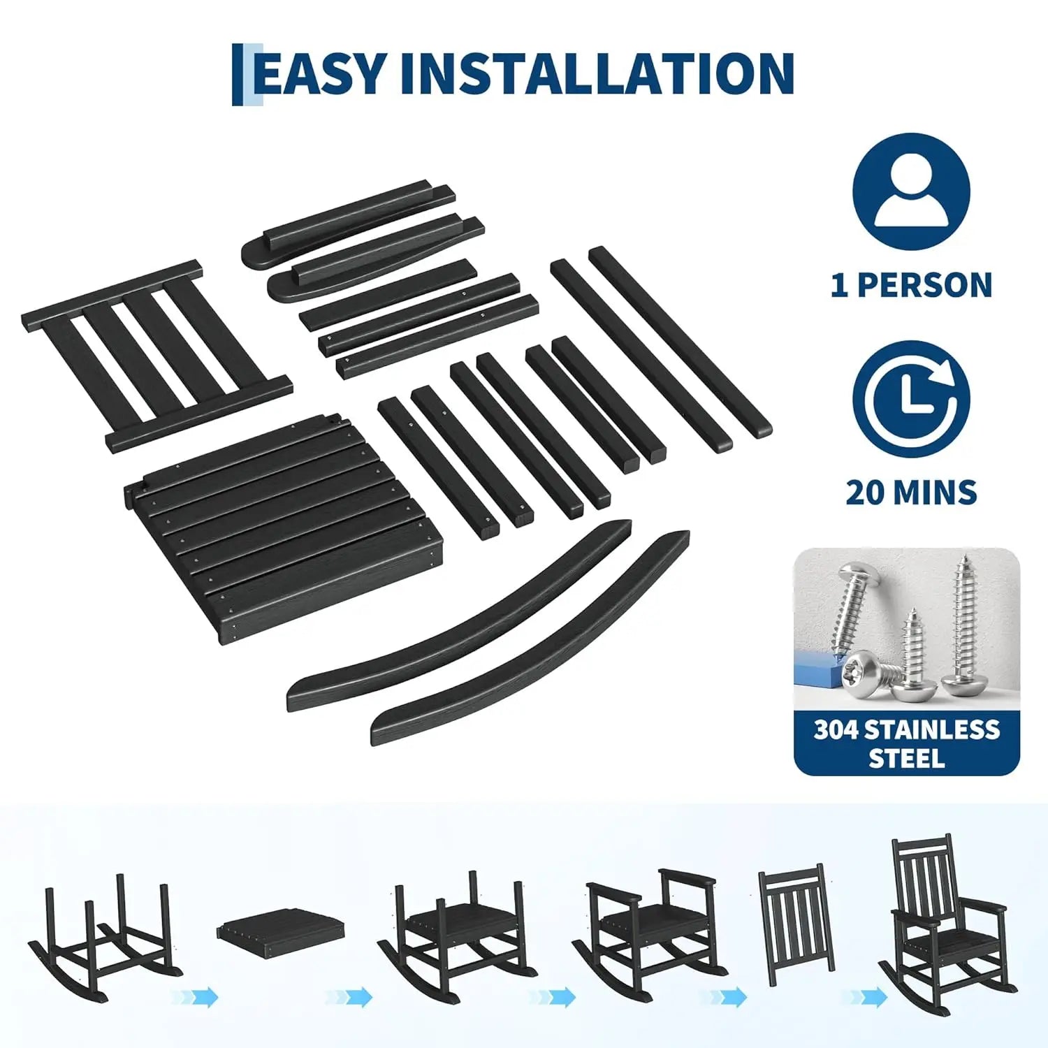 HDPE High Back Rocking Chair Set Outdoor Patio Porch All Weather Resistant w/ Side Table