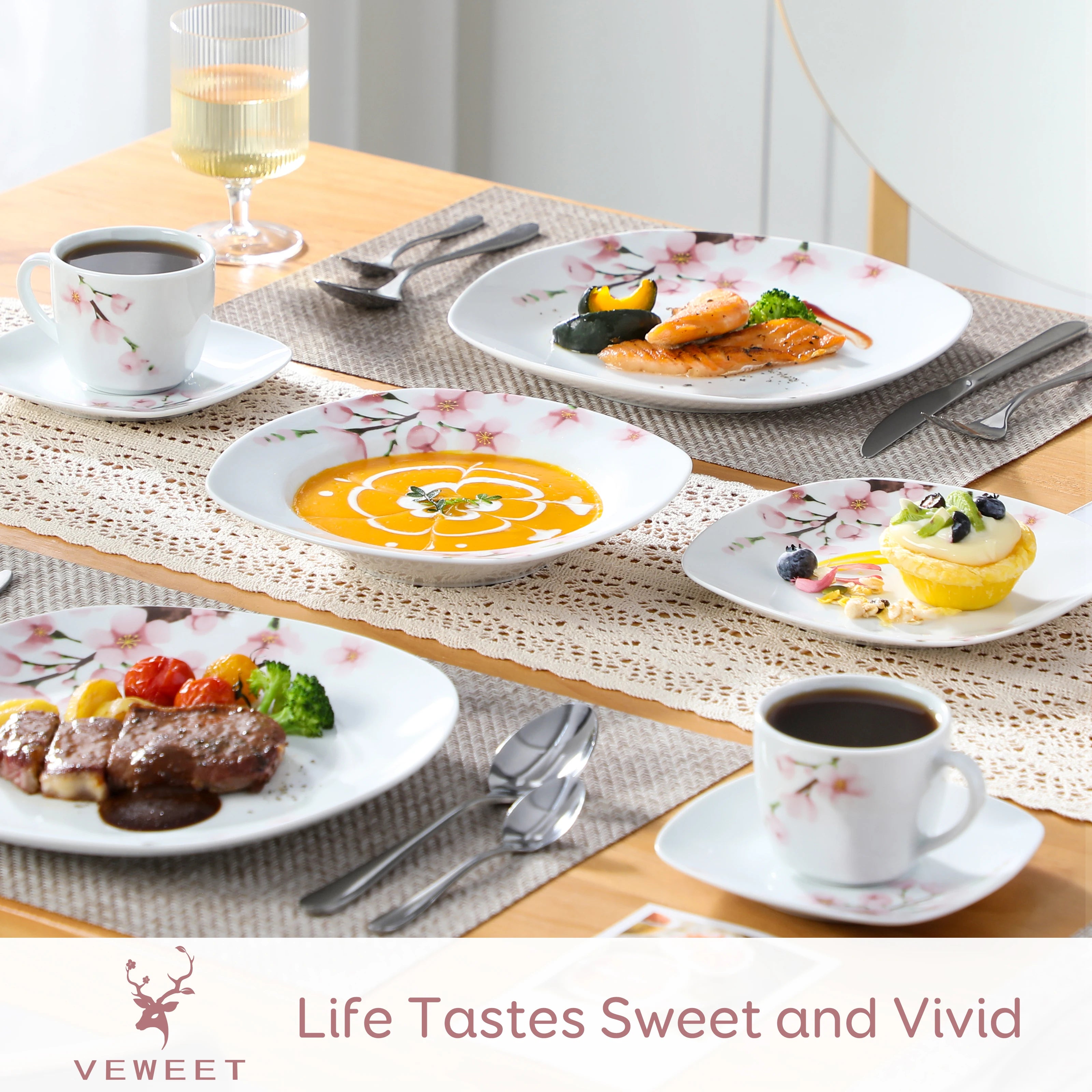 VEWEET ANNIE 30/24/20 Pcs Porcelain Dinnerware Set Pink Floral with Dinner Plate/Dessert/Soup/Cup/Saucer