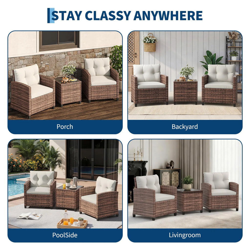 Outdoor Bistro Set 3-Piece Wicker Patio Furniture Rattan Seating With Coffee Table