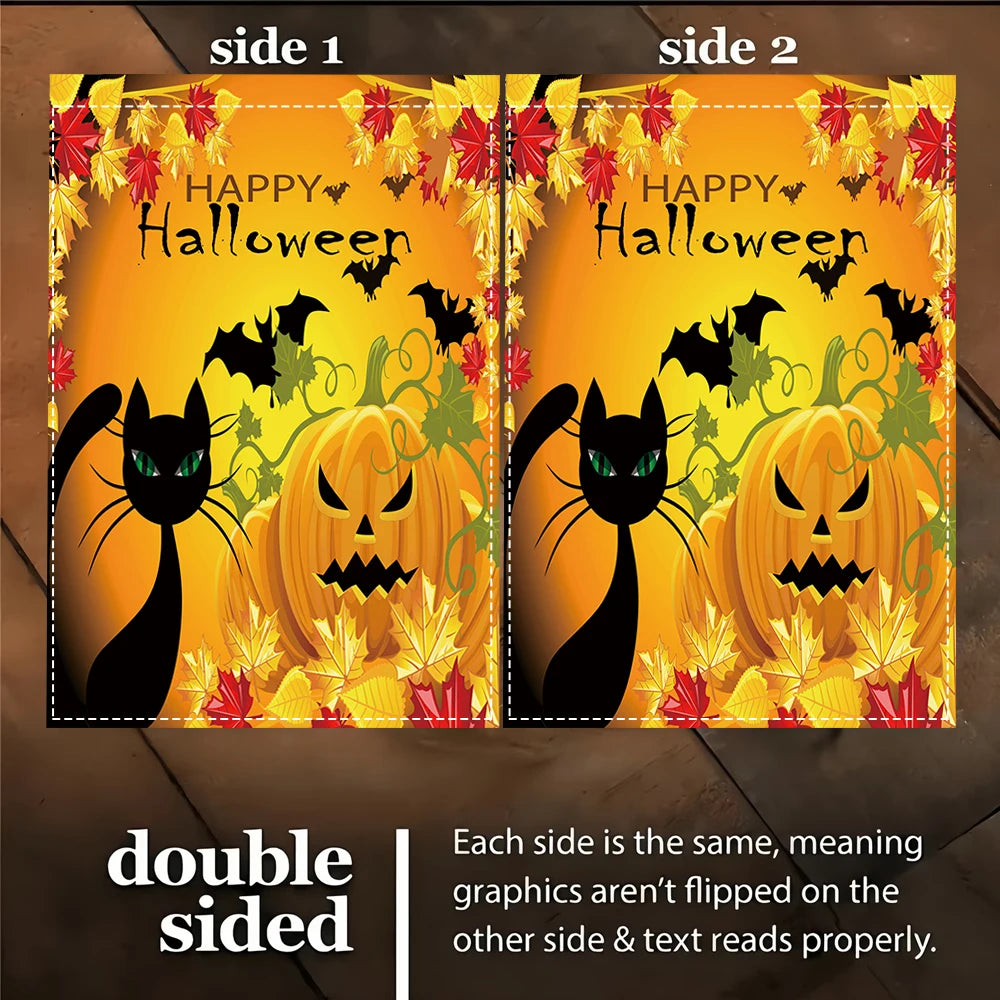 Happy Halloween Garden Flag, Black Cat Jack O Lantern Bat