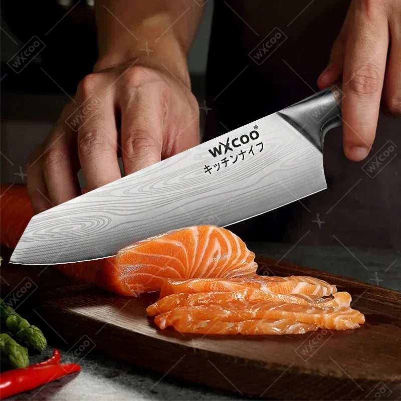 WXCOO Stainless Steel Chef Knife Laser Damascus Pattern Slicing Scissors Cleaver Fruit Knife Holder Household Kitchen Knife