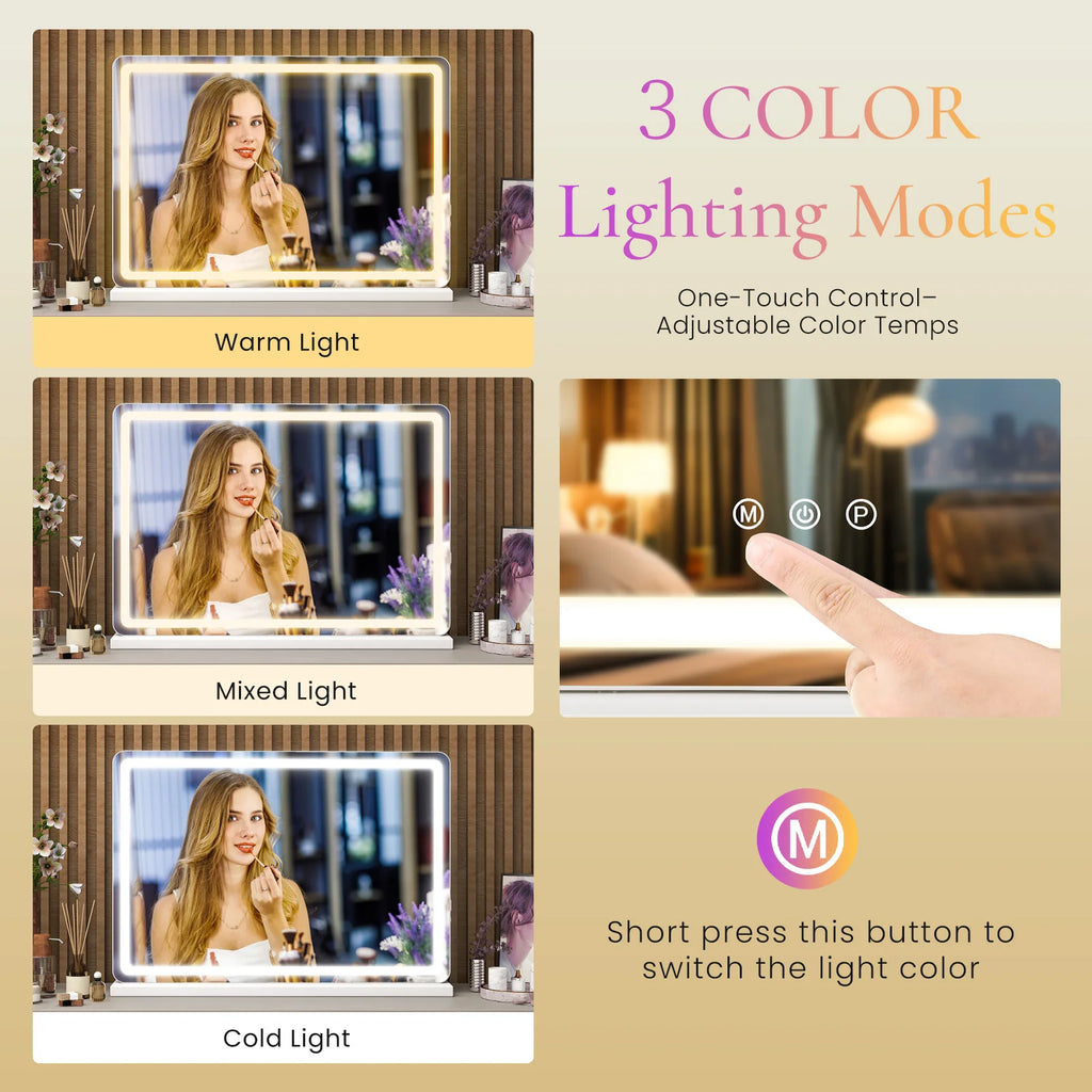JHK LED Vanity Mirror with Lights Aluminum Frame Dimmable 3 Color Modes Makeup Mirror
