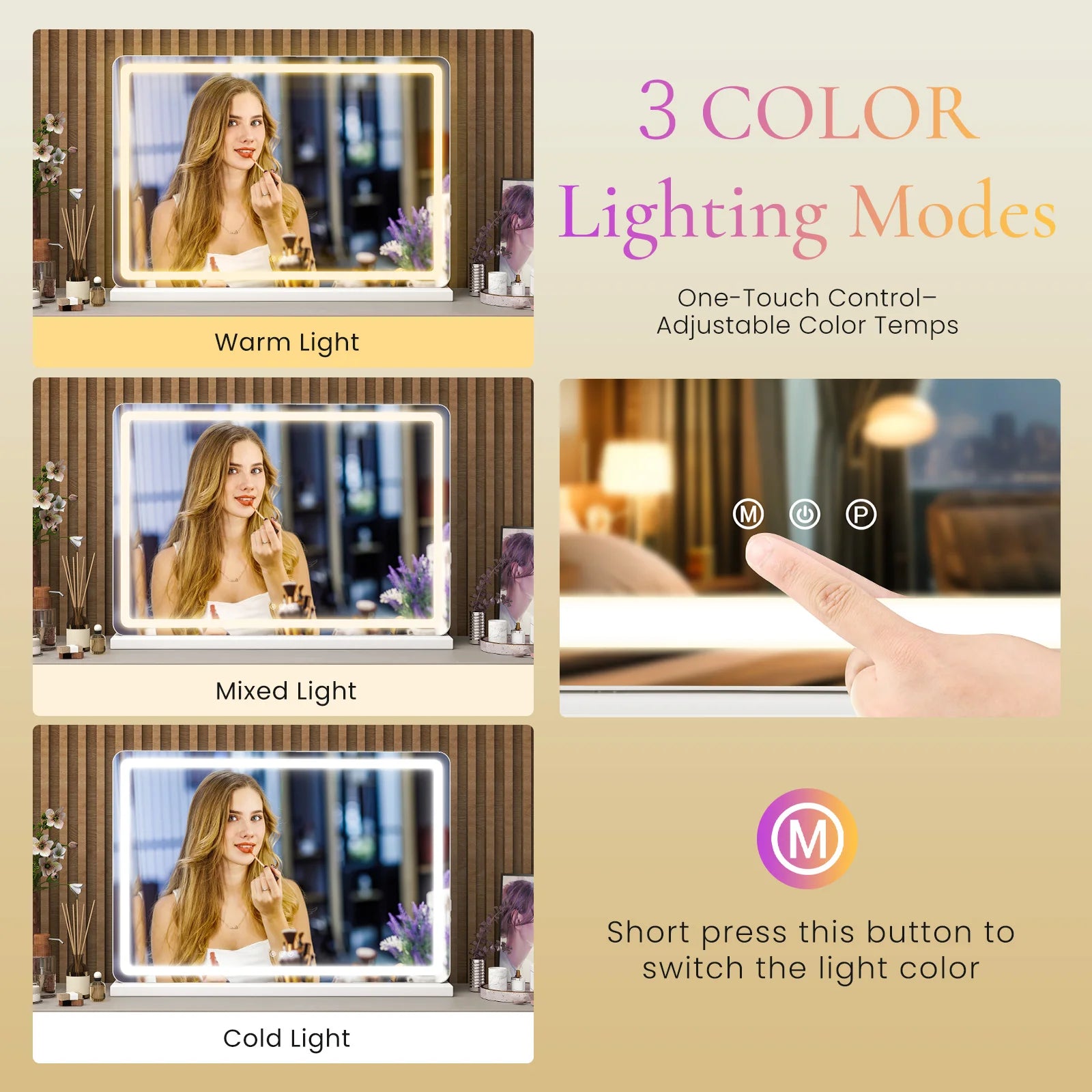 JHK LED Vanity Mirror with Lights Aluminum Frame Dimmable 3 Color Modes Makeup Mirror