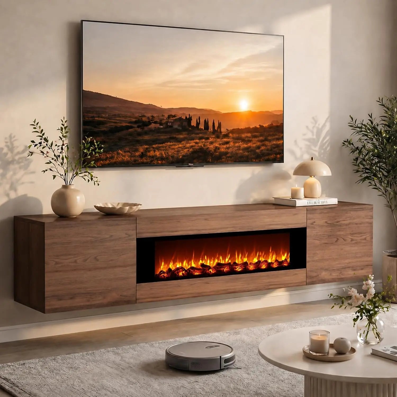 70" Floating TV Stand With Faux Fireplace & Storage For 80" TV, Wall Mounted