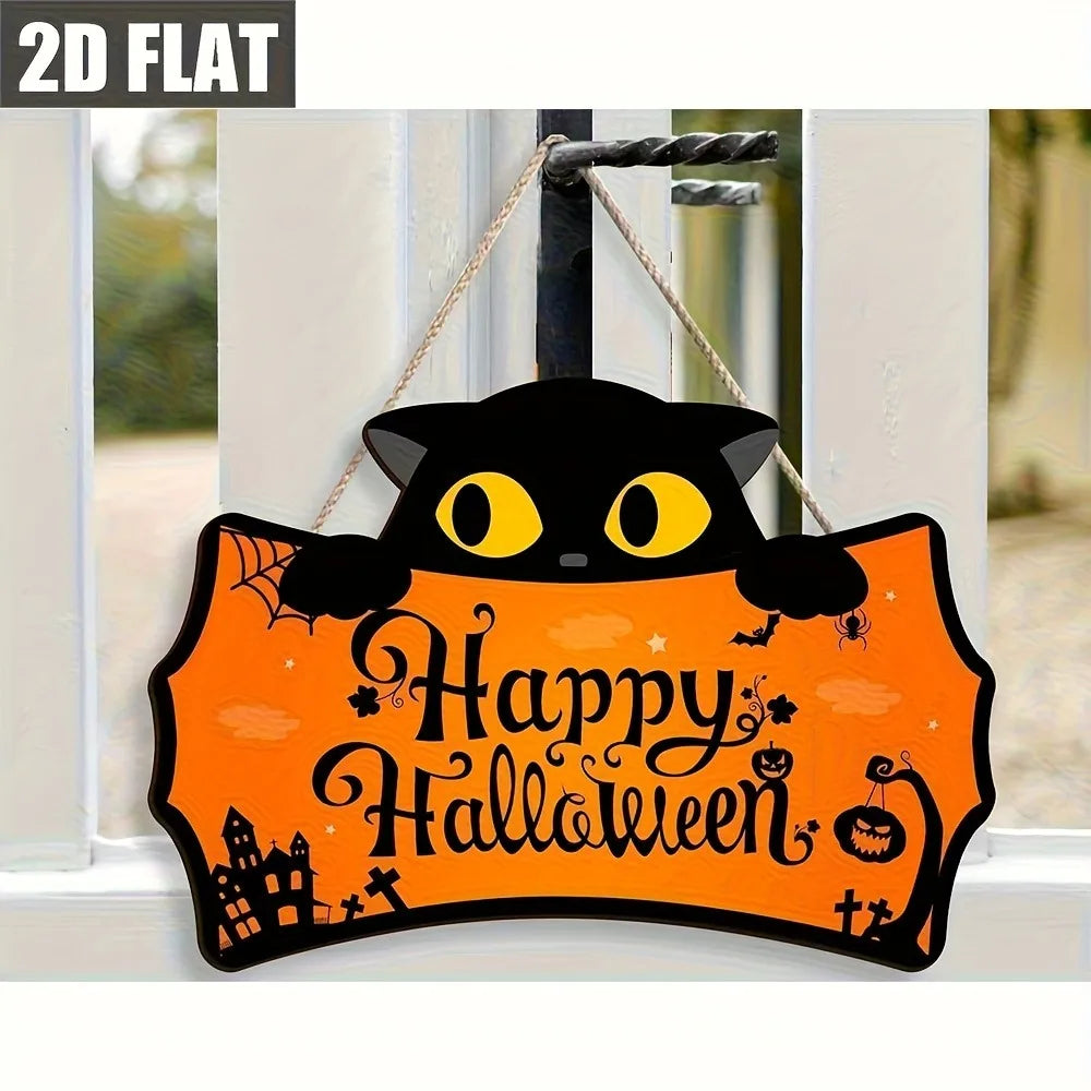 Black Cat Shaped Happy Halloween Wooden Hanging Sign  Front Door Plaque for Halloween Porch Decor