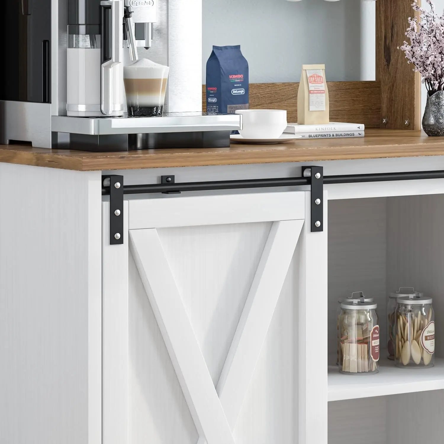 White Coffee Bar Table with Hutch 31 Inch Farmhouse Cabinet