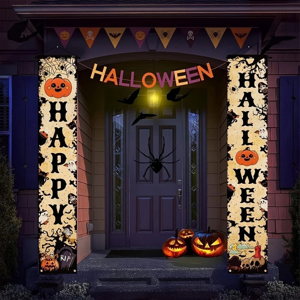 Vintage Happy Halloween Banner Pumpkin Ghost Spider Witch Door Hanging Sign Indoor Yard Front Door Party Photo Booth Decor