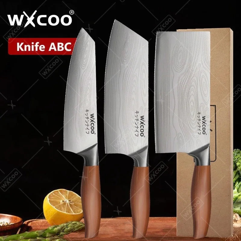 WXCOO Stainless Steel Chef Knife Laser Damascus Pattern Slicing Scissors Cleaver Fruit Knife Holder Household Kitchen Knife