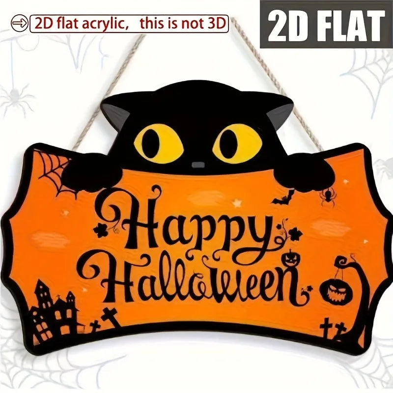 Black Cat Shaped Happy Halloween Wooden Hanging Sign  Front Door Plaque for Halloween Porch Decor