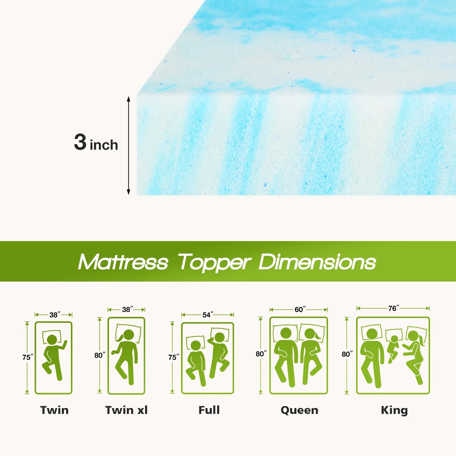 JHK 2-4 Inch Memory Foam Soft Mattress Topper Thick Gel Cooling Mattress Soft and Breathable Bed Topper