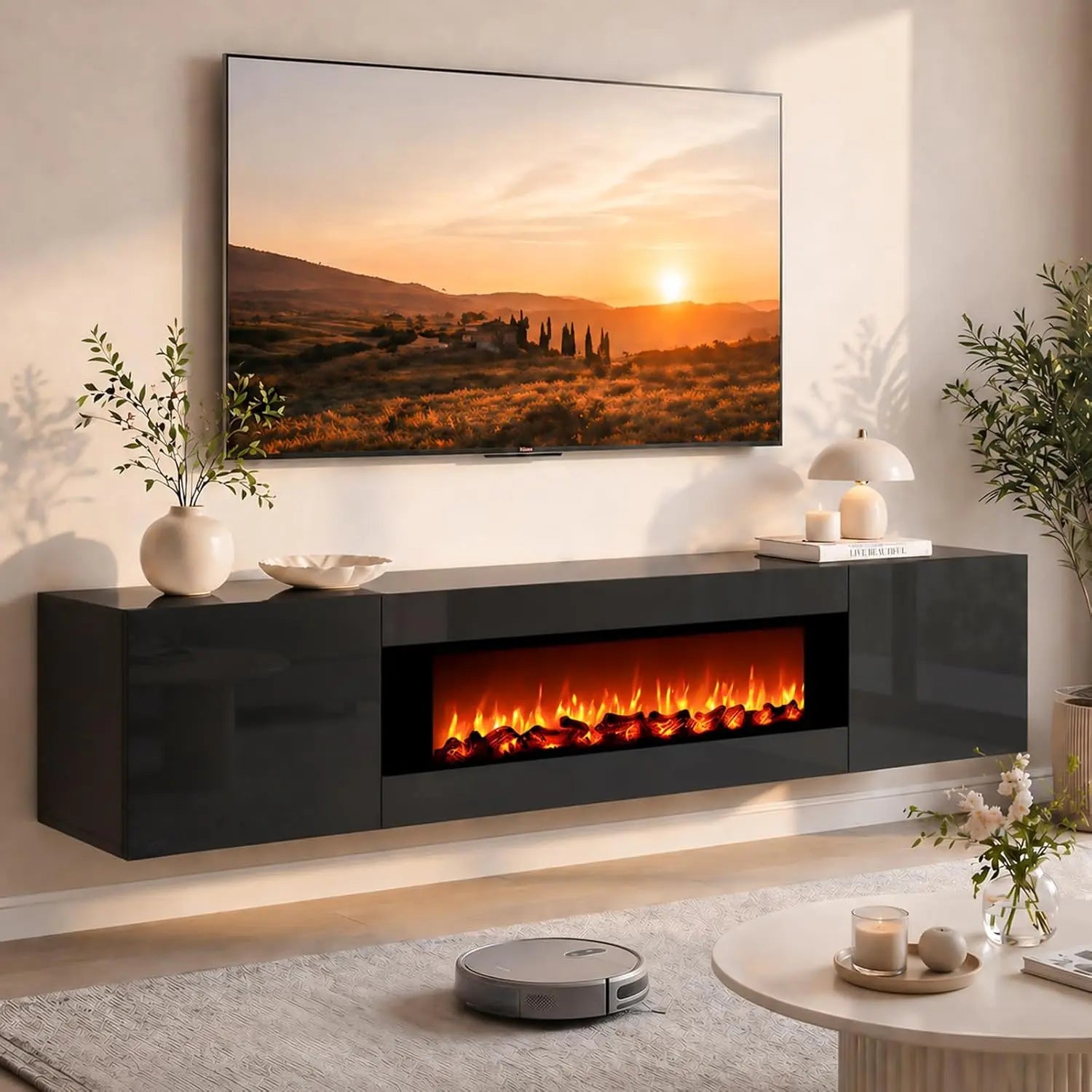 70" Floating TV Stand With Faux Fireplace & Storage For 80" TV, Wall Mounted
