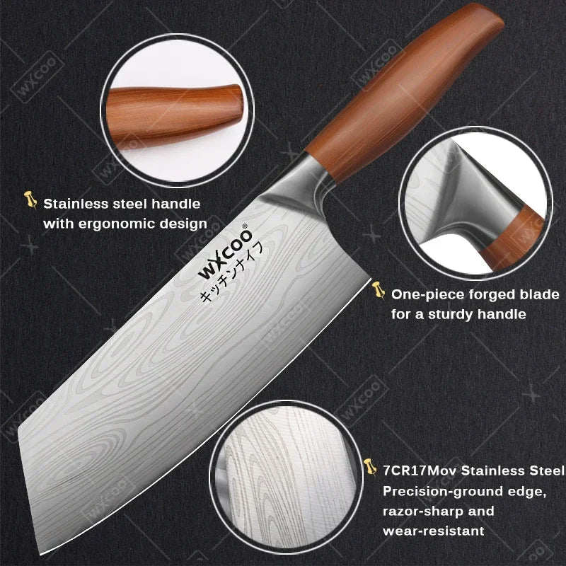 WXCOO Stainless Steel Chef Knife Laser Damascus Pattern Slicing Scissors Cleaver Fruit Knife Holder Household Kitchen Knife