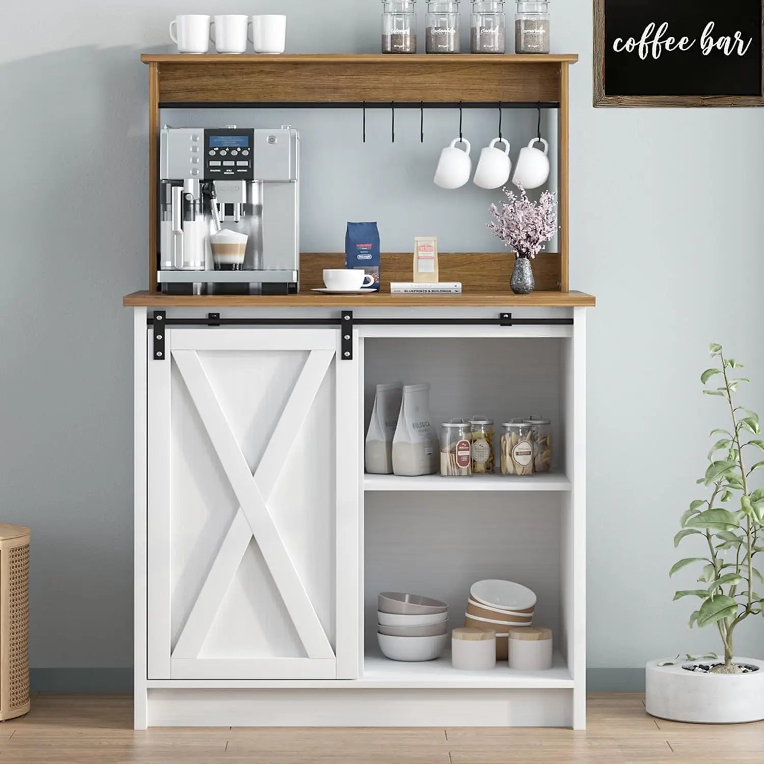 White Coffee Bar Table with Hutch 31 Inch Farmhouse Cabinet