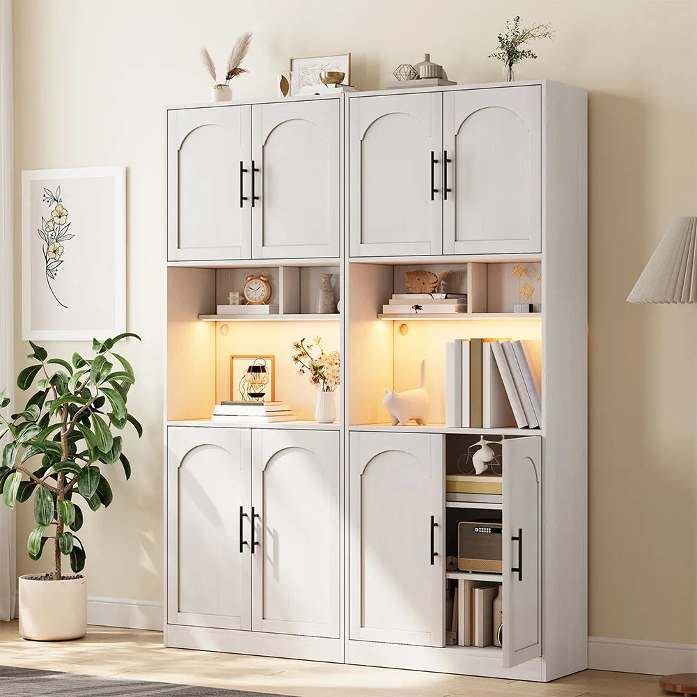 Kitchen Pantry Cabinet with LED Light, Microwave Stand, Farmhouse Large Wood Storage