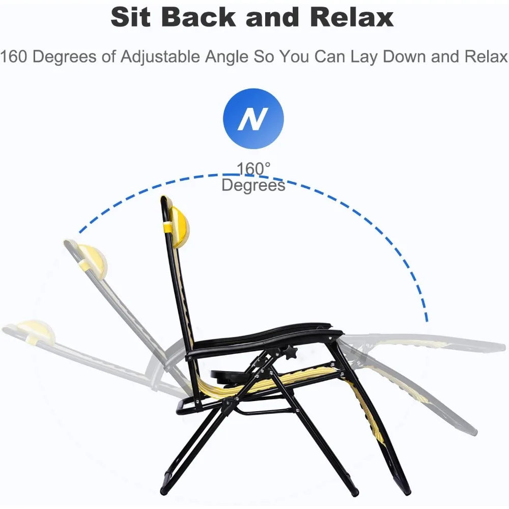 Set of 2 Adjustable Zero Gravity Lounge Recliner Patio Chairs with  Mesh Pillow Cup Holder Yellow