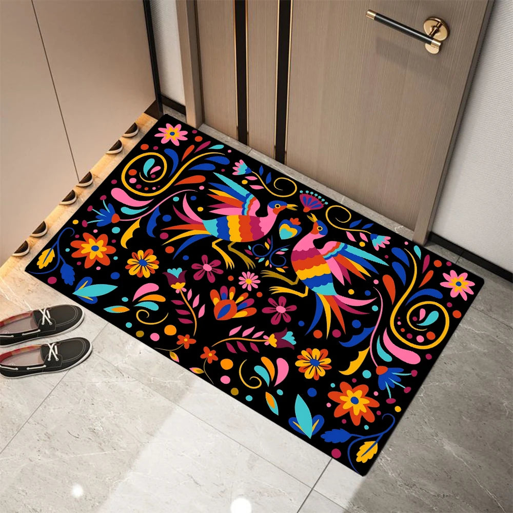 Mexican-style Flower Print Welcome Doormat Non-Slip Machine Washable Carpet