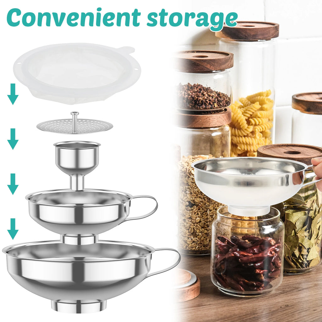 3/6 Pcs Stainless Steel Wide Mouth Funnel with Strainer and Handle