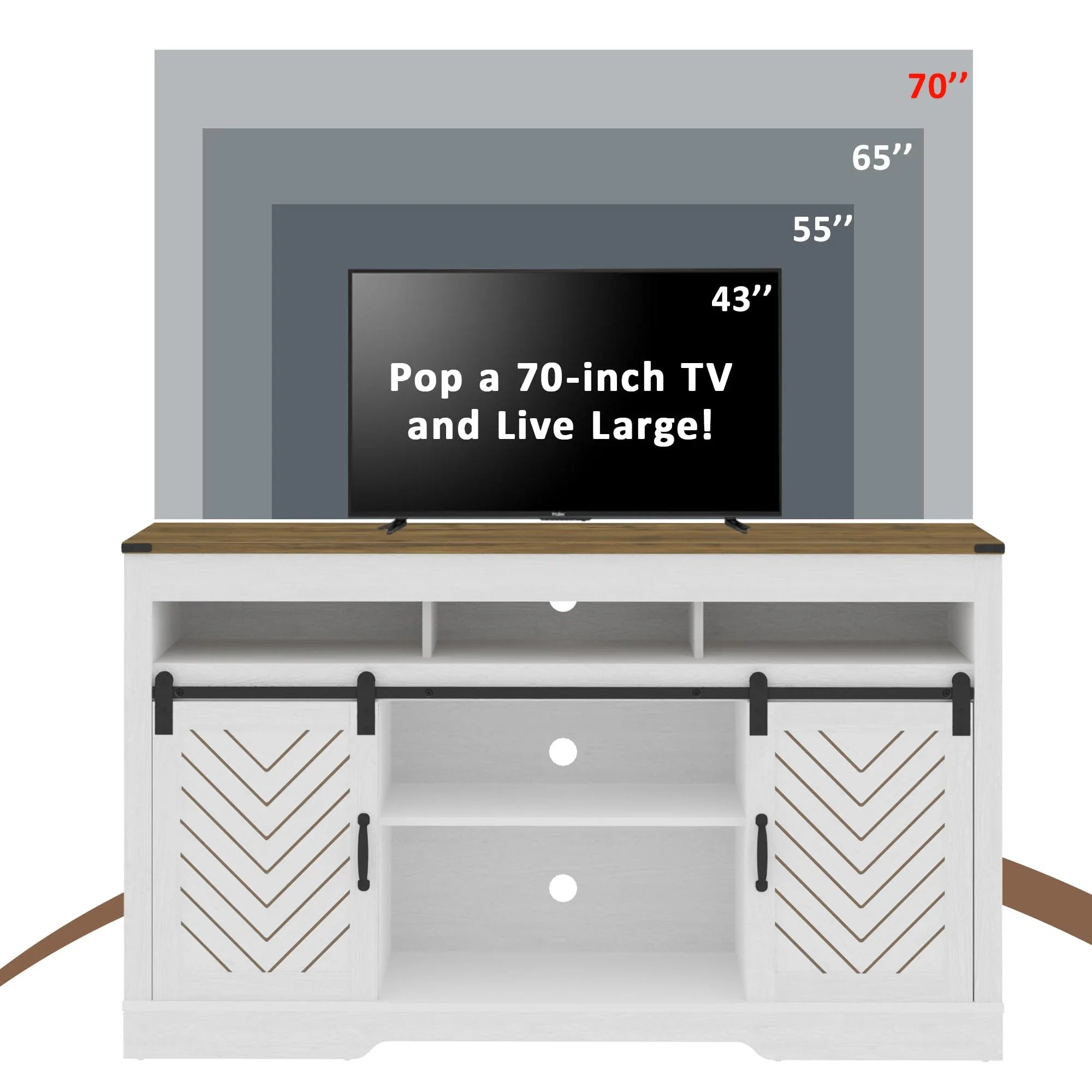 Farmhouse TV Stand with Sliding Barn Doors for 65+ Inch TV,