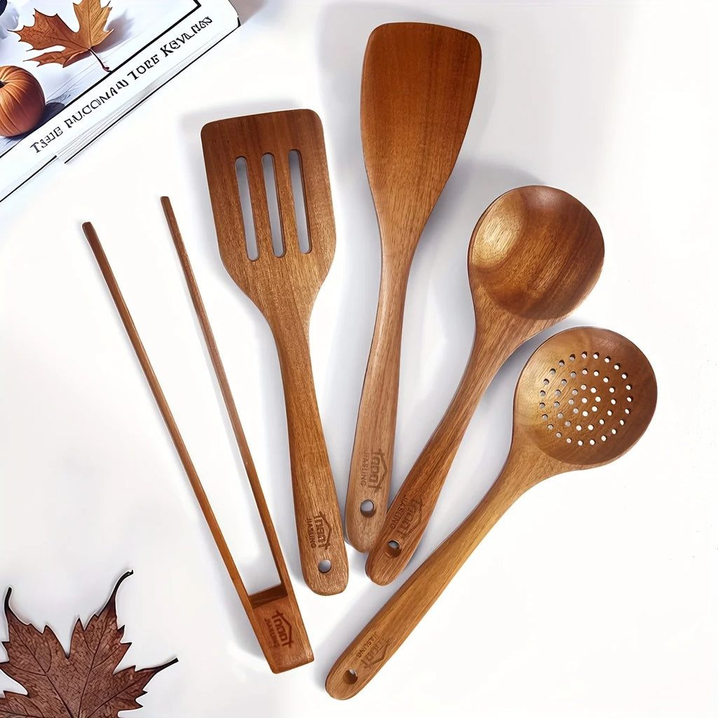 5-Piece Premium Bamboo Utensil Set, Natural Wooden Spoons&Spatula for Non-Stick Cookware, Ergonomic&Heat Resistant, Eco-Friendly