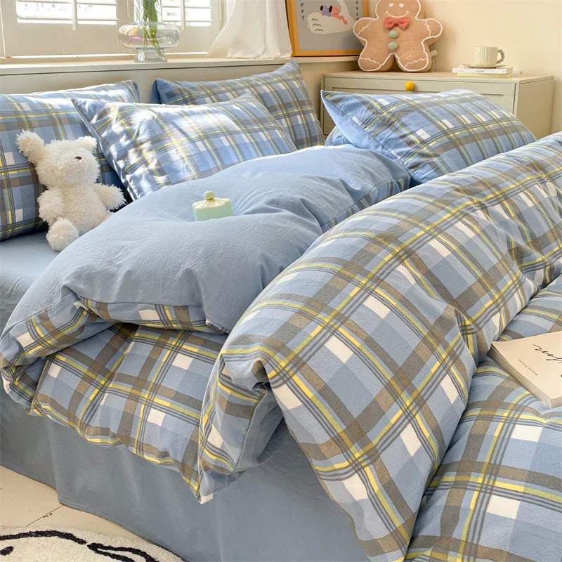 3/4 PcsCheckered Bedding Set Simple Style Soft Skin Friendly