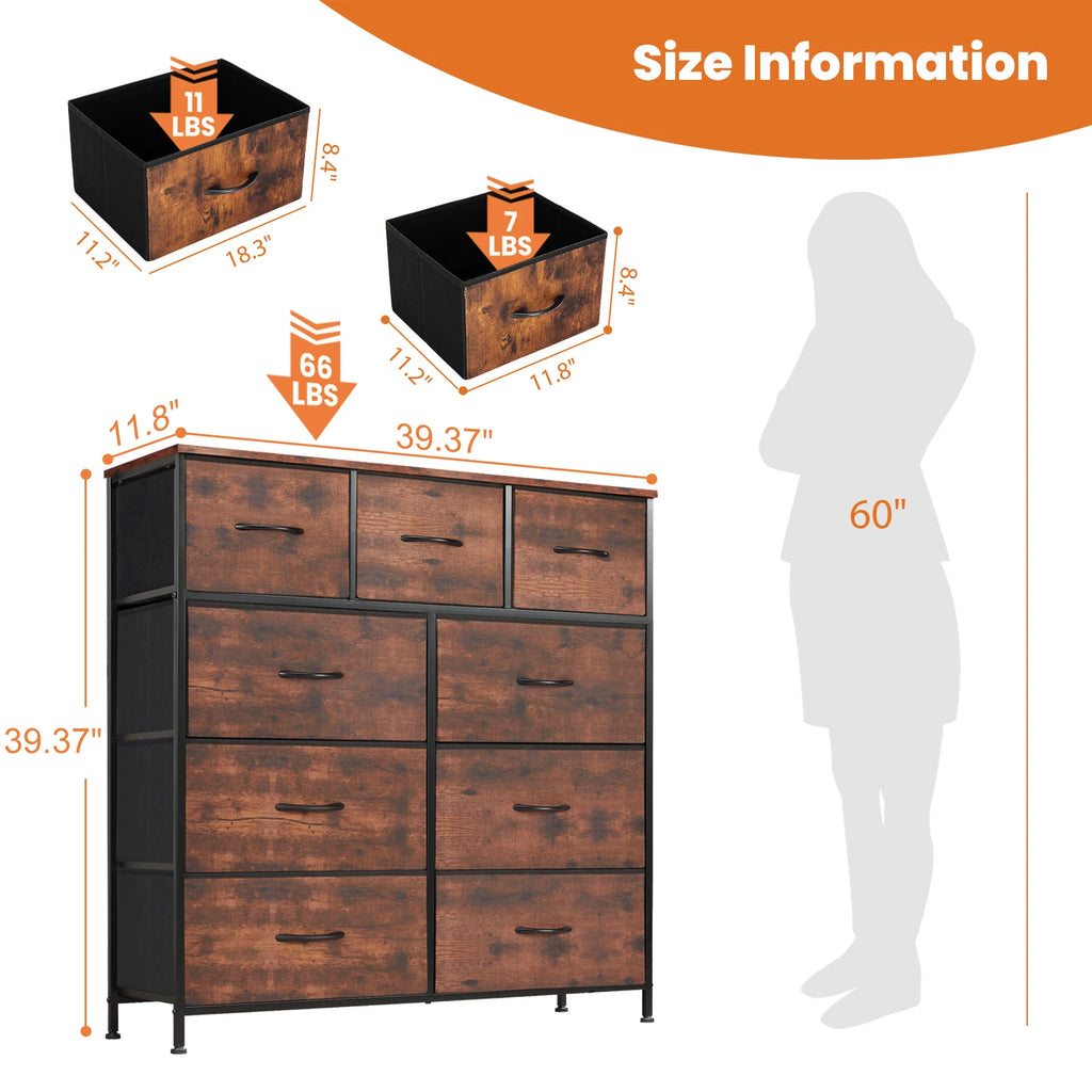 JHK Dresser For Bedroom With 9 Fabric Storage Drawer  Tall Chest Organizer
