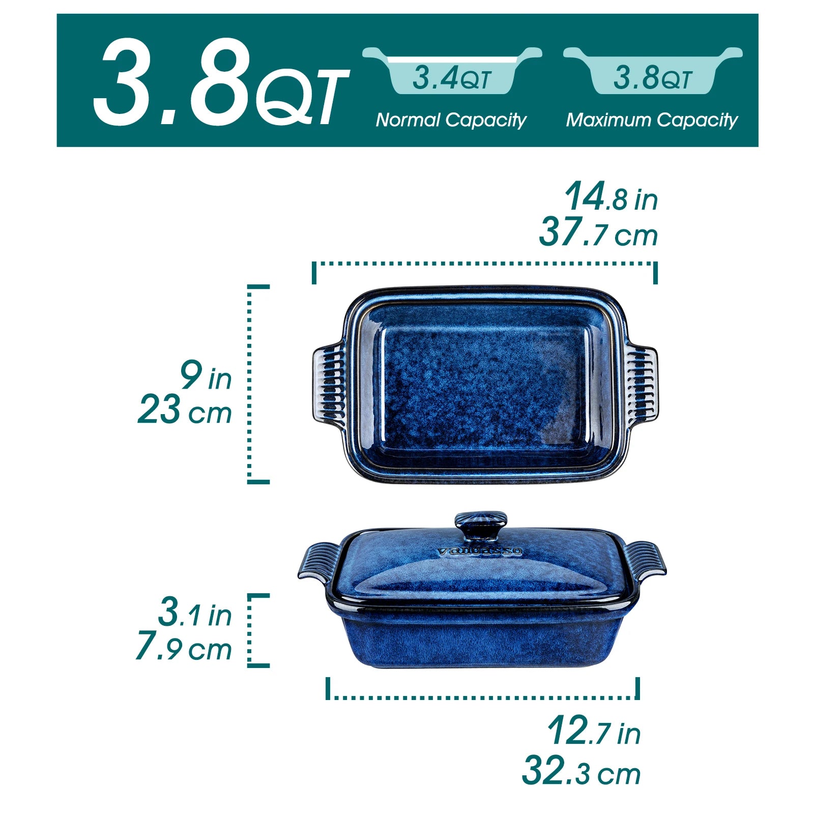 vancasso Starry 3.8/1.9 Quart Blue Casserole Baking Dish with lid Stoneware casserole with lid Microwave