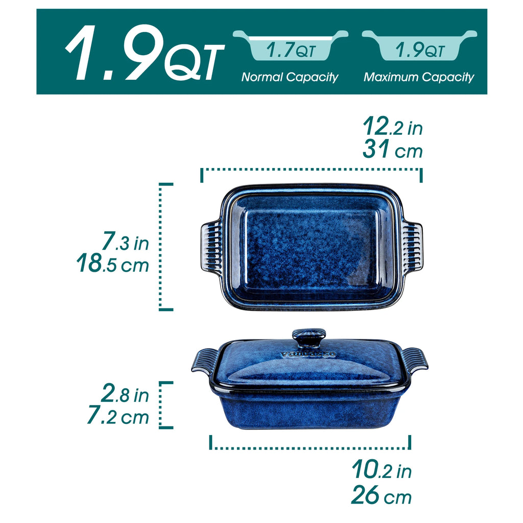 vancasso Starry 3.8/1.9 Quart Blue Casserole Baking Dish with lid Stoneware casserole with lid Microwave