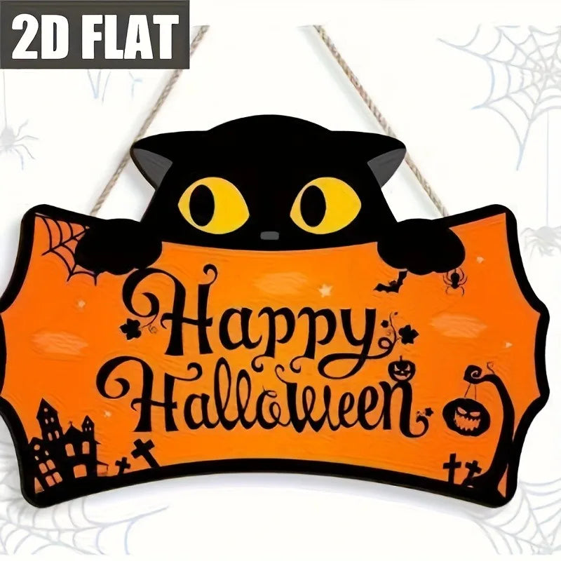 Black Cat Shaped Happy Halloween Wooden Hanging Sign  Front Door Plaque for Halloween Porch Decor