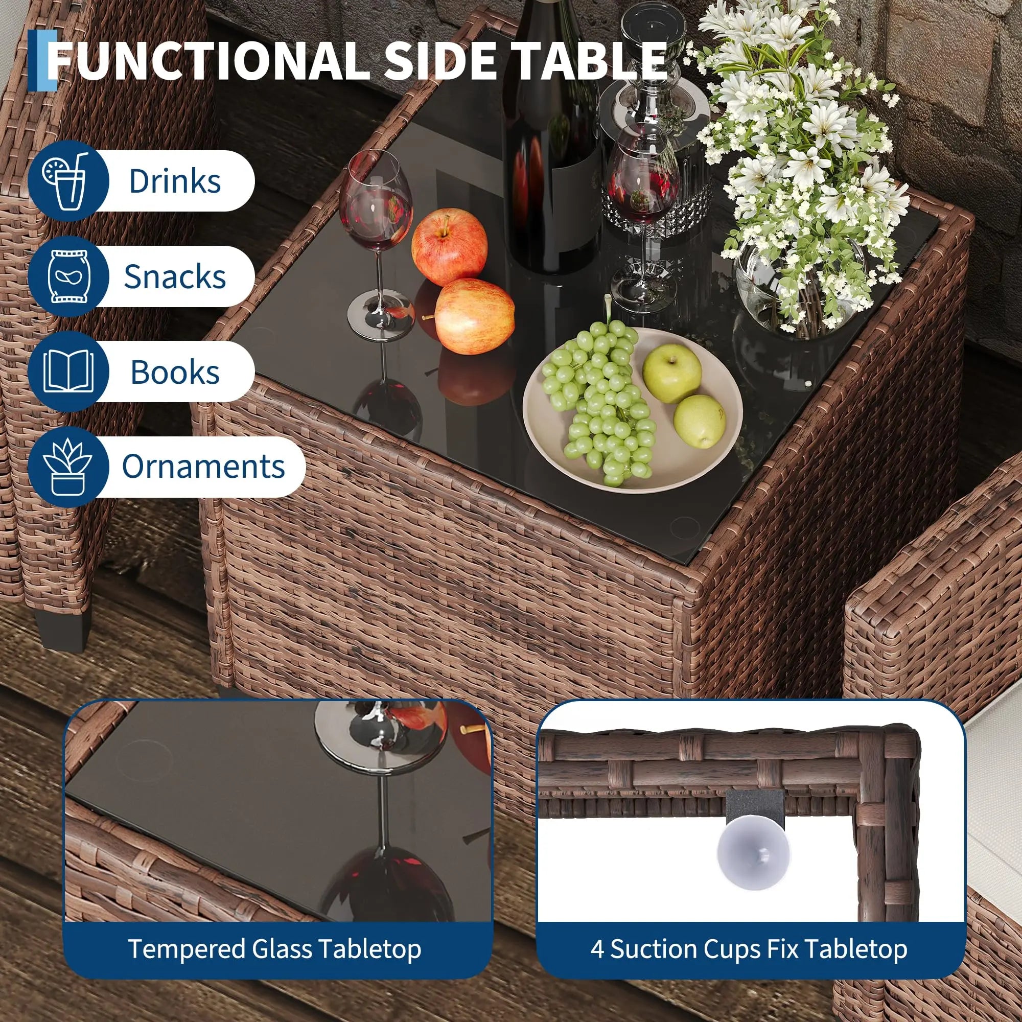 Outdoor Bistro Set 3-Piece Wicker Patio Furniture Rattan Seating With Coffee Table