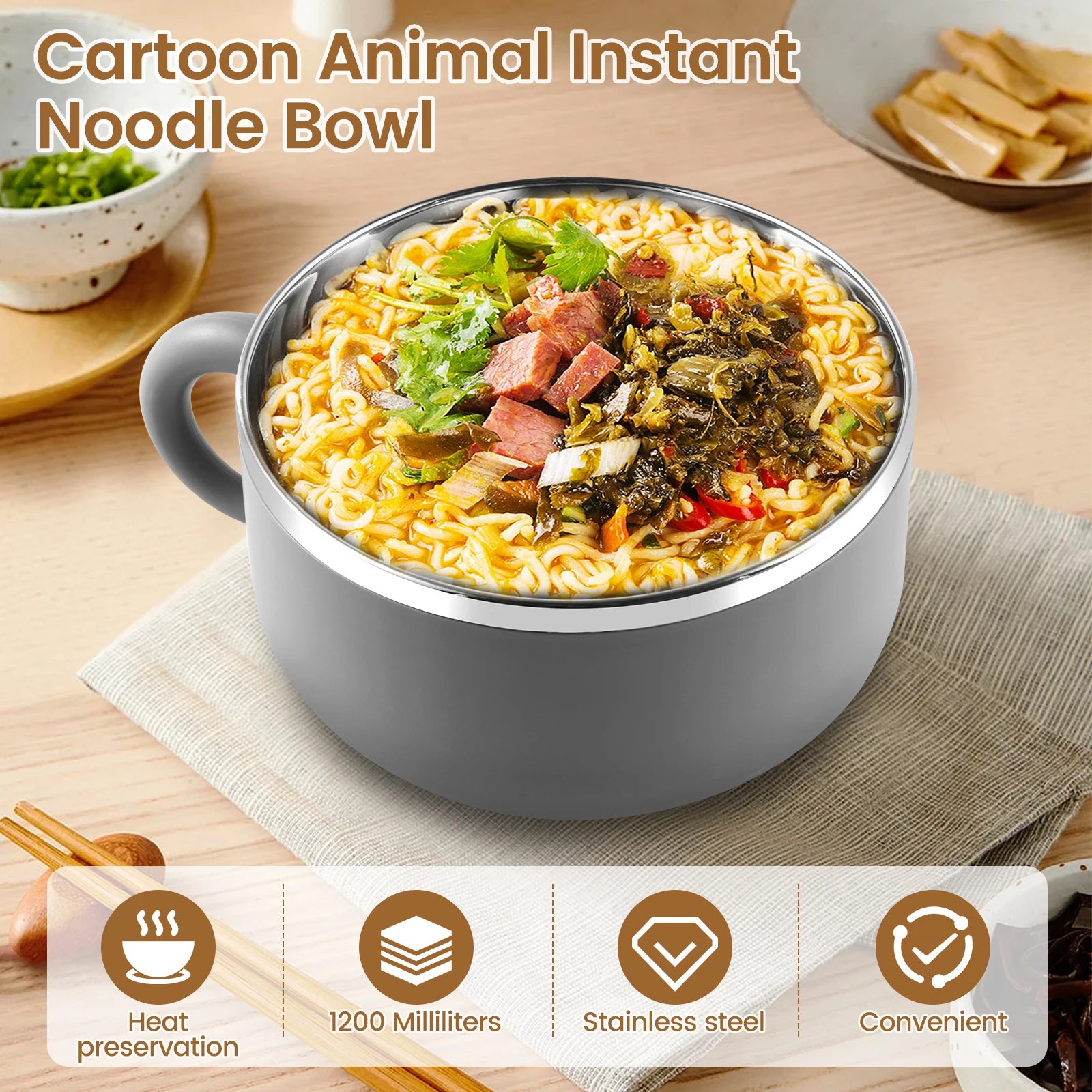1200ml Ramen Bowl With Lid Stainless Steel Instant Noodle Cooker