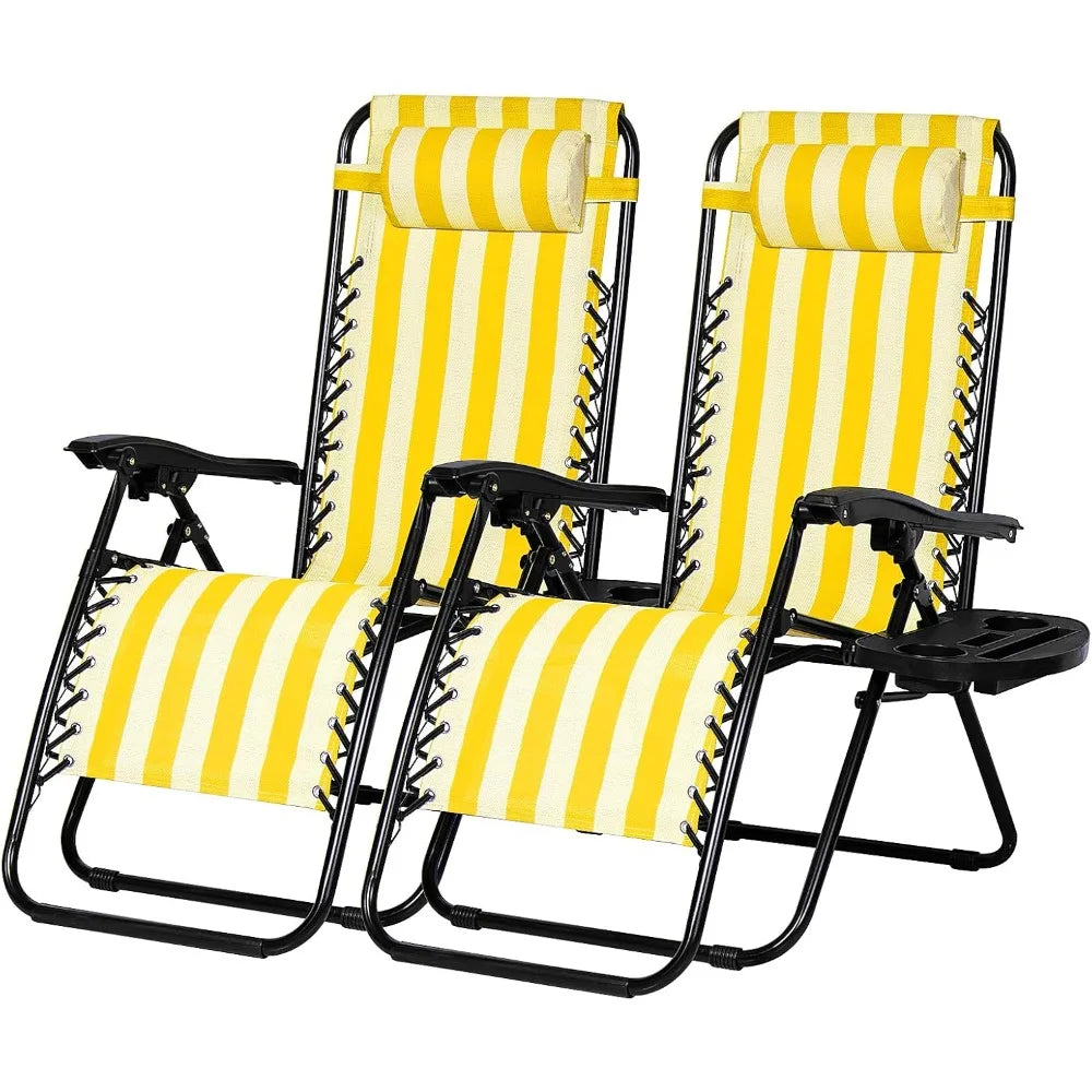 Set of 2 Adjustable Zero Gravity Lounge Recliner Patio Chairs with  Mesh Pillow Cup Holder Yellow