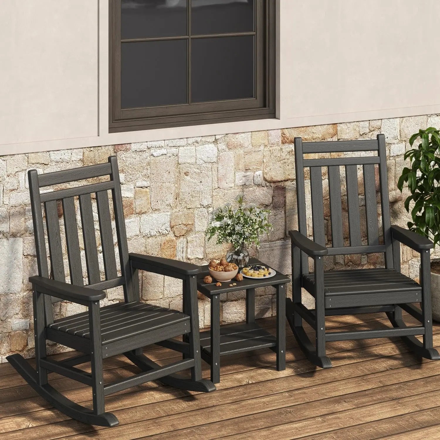 HDPE High Back Rocking Chair Set Outdoor Patio Porch All Weather Resistant w/ Side Table