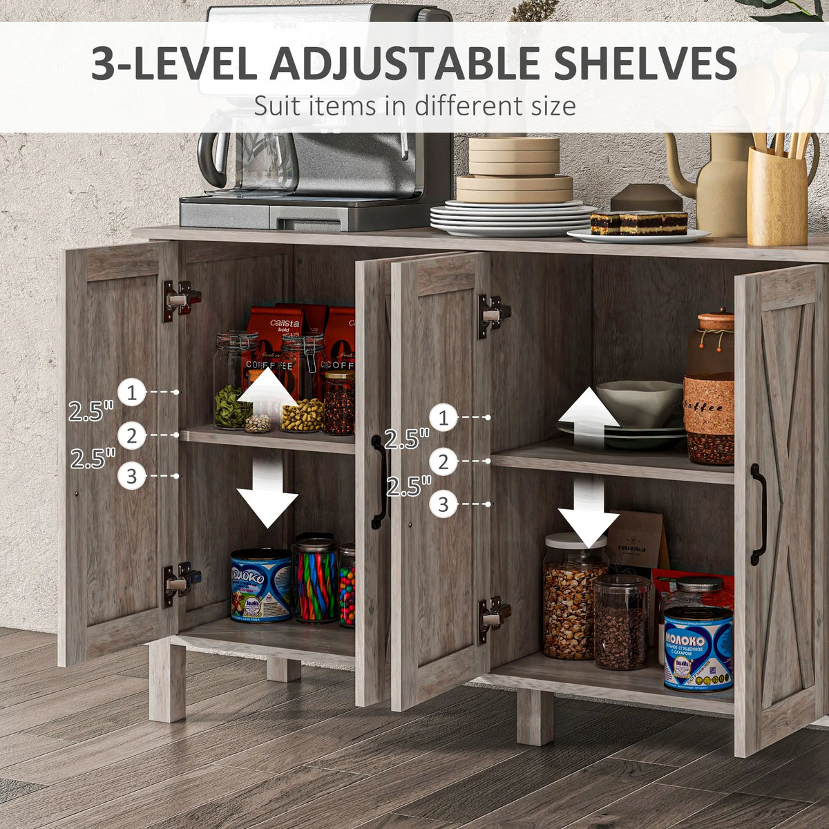 Buffet Cabinet, 47" Sideboard with 4 Barn Doors and 2 Adjustable Shelves