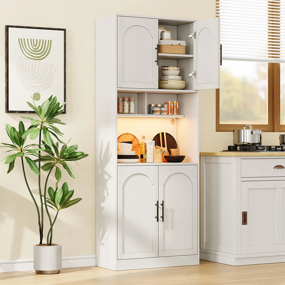 Kitchen Pantry Cabinet with LED Light, Microwave Stand, Farmhouse Large Wood Storage