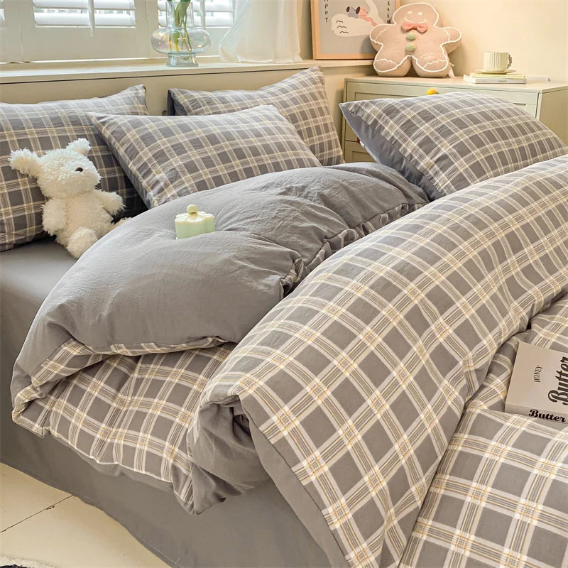 3/4 PcsCheckered Bedding Set Simple Style Soft Skin Friendly