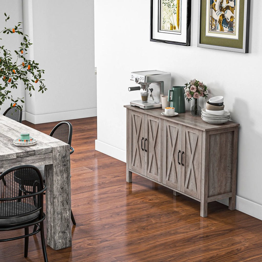 Buffet Cabinet, 47" Sideboard with 4 Barn Doors and 2 Adjustable Shelves