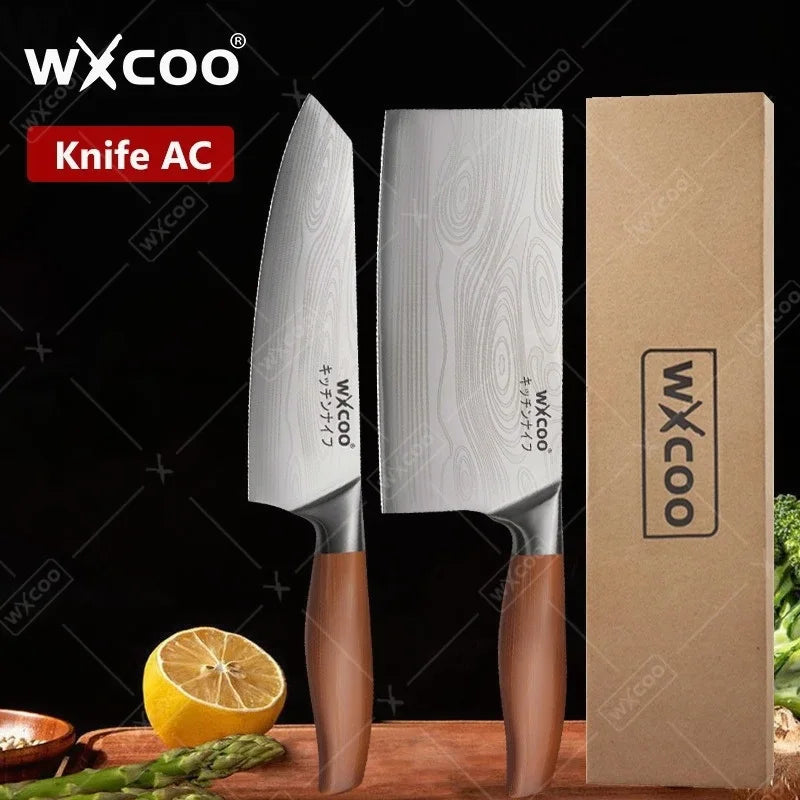 WXCOO Stainless Steel Chef Knife Laser Damascus Pattern Slicing Scissors Cleaver Fruit Knife Holder Household Kitchen Knife