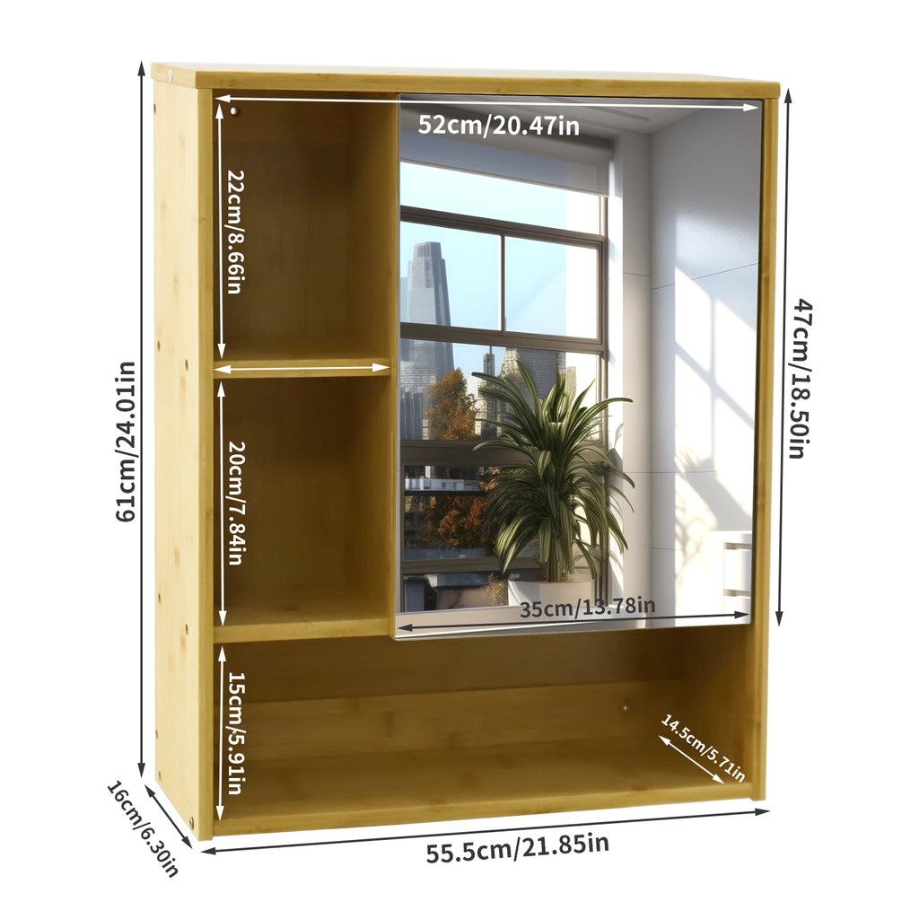 Wall Medicine Cabinet  Natural Bamboo Bathroom Vanity Mirror 5 Open Storage Shelf