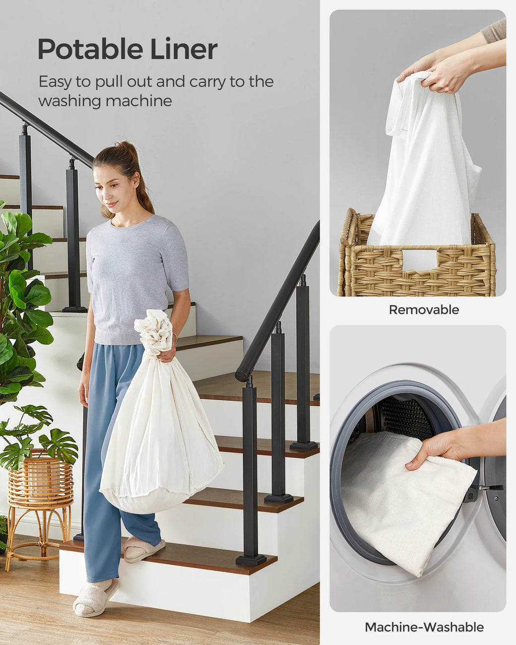 SONGMICS Laundry Hamper with Lid, 42.3 Gallons (160 L), Rolling Laundry Basket with Wheels, 3-Section Synthetic Rattan, Removabl