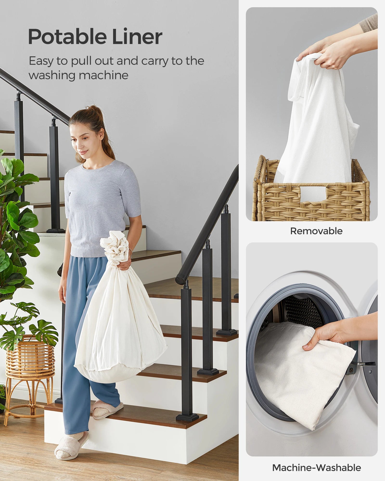 SONGMICS Laundry Hamper with Lid, 42.3 Gallons (160 L), Rolling Laundry Basket with Wheels, 3-Section Synthetic Rattan, Removabl